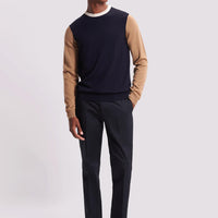 Colour Block Merino Wool Crew Neck Sweater in Dark Navy