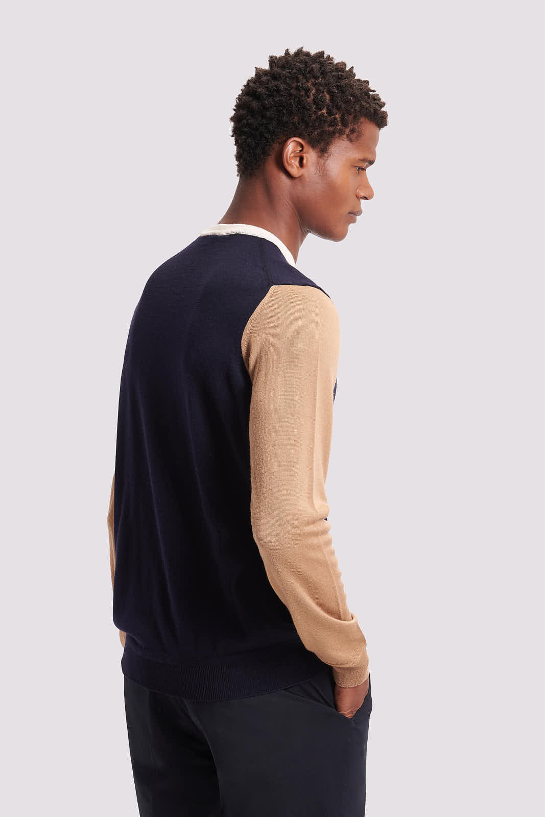 Colour Block Merino Wool Crew Neck Sweater in Dark Navy