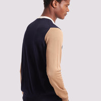 Colour Block Merino Wool Crew Neck Sweater in Dark Navy