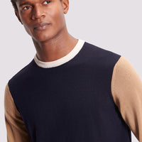 Colour Block Merino Wool Crew Neck Sweater in Dark Navy