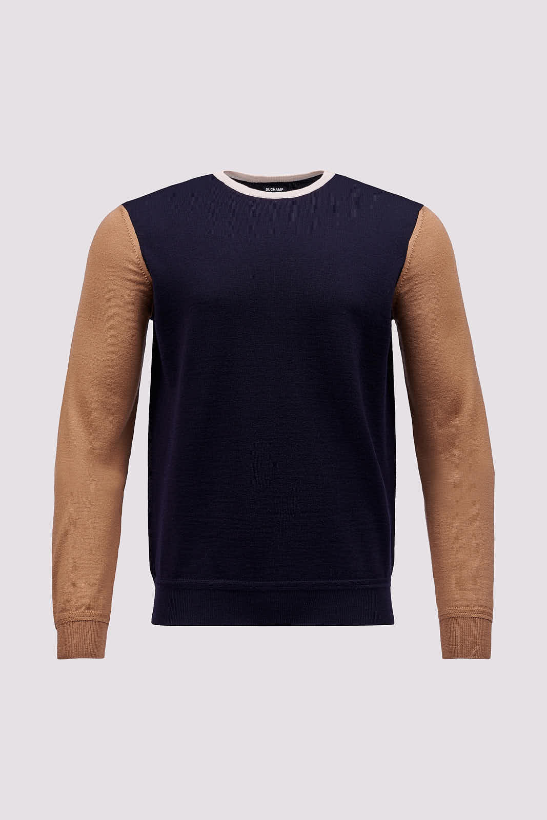 Colour Block Merino Wool Crew Neck Sweater in Dark Navy