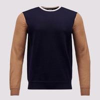 Colour Block Merino Wool Crew Neck Sweater in Dark Navy