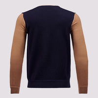 Colour Block Merino Wool Crew Neck Sweater in Dark Navy