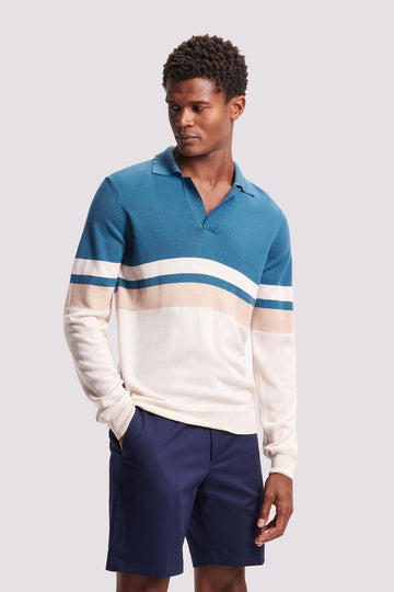 Merino Wool Long Sleeve Polo Shirt in Riviera Teal